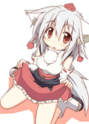 Rule 34 | 1girl, animal ears, bare shoulders, blush, breasts, fang, hat, inubashiri momiji, long sleeves, looking at viewer, open mouth, pom pom (clothes), red eyes, ribbon-trimmed sleeves, ribbon trim, short hair, silver hair, simple background, solo, suzukishi, tail, tokin hat, touhou, white background, wolf ears, wolf tail