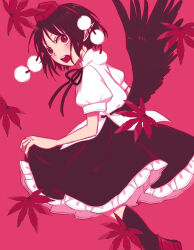 Rule 34 | autumn leaves, black bow, black bowtie, black hair, black skirt, black socks, black wings, bow, bowtie, clothes lift, collared shirt, feathered wings, frilled skirt, frills, from side, geta, hat, highres, lifted by self, long skirt, looking at viewer, open mouth, pink background, pom pom (clothes), puffy short sleeves, puffy sleeves, red footwear, red hat, shameimaru aya, shirt, short hair, short sleeves, skirt, skirt lift, socks, teeth, tengu, tengu-geta, tokin hat, toraneko 2, touhou, upper teeth only, white shirt, wings