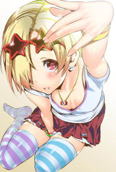 Rule 34 | 10s, 1girl, asymmetrical legwear, between legs, blonde hair, blue bow, blush, bow, bracelet, breasts, commentary request, earrings, eyeball, from above, gradient background, hair over one eye, hand between legs, highres, idolmaster, idolmaster cinderella girls, idolmaster cinderella girls starlight stage, jewelry, looking up, mismatched legwear, necklace, open mouth, outstretched arm, red bow, red eyes, red skirt, shigaoka, shirasaka koume, shirt, short hair, short sleeves, sitting, skirt, skull earrings, small breasts, solo, star-shaped eyewear, star-shaped glasses, star (symbol), striped clothes, striped thighhighs, sunglasses, thighhighs, thighs, white shirt, yokozuwari, zettai ryouiki