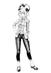 Rule 34 | 1girl, animal ears, asymmetrical horns, belt, bob cut, buttons, closed mouth, commentary request, dress shirt, full body, greyscale, hand on own hip, highres, horns, jacket, jaco, looking at viewer, mary janes, monochrome, open clothes, open jacket, original, pants, pocket, red eyes, shirt, shoes, short hair, simple background, solo, spot color, standing, uneven horns, white background