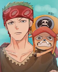 Rule 34 | 2boys, bandaid, bandaid on face, bandaid on nose, brown shirt, close-up, commentary, earrings, feichangkou, green hair, hat, headband, highres, jewelry, looking up, male focus, multiple boys, on shoulder, one piece, one piece: strong world, red headband, roronoa zoro, shirt, sky, tony tony chopper, v-shaped eyebrows