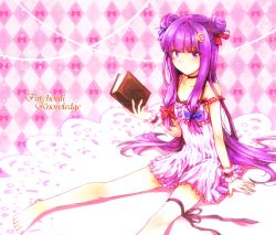 Rule 34 | 1girl, argyle, argyle background, argyle clothes, bare shoulders, barefoot, book, bow, character name, choker, crescent, crescent hair ornament, double bun, dress, hair bow, hair bun, hair ornament, highres, jun2onod, leg ribbon, long hair, looking at viewer, off shoulder, patchouli knowledge, pink background, purple eyes, purple hair, ribbon, sitting, striped clothes, striped dress, thigh ribbon, touhou, vertical-striped clothes, vertical-striped dress, very long hair, wrist cuffs