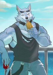Rule 34 | 1boy, absurdres, against railing, animal ears, bara, black tank top, blue sky, can, cloud, cloudy sky, collar, commentary, denim, dislyte, drink, ear piercing, english commentary, eyewear on head, fangs, food, freddy (fenrir) (dislyte), furry, furry male, highres, holding, holding can, holding drink, holding food, holding popsicle, jeans, licking, looking at viewer, male focus, multiple scars, ocean, pants, piercing, popsicle, railing, sacorxi, scar, scar across eye, scar on arm, scar on face, scar on mouth, sky, tail, tank top, tongue, tongue out, torn clothes, wolf boy, wolf ears, wolf tail, yellow eyes