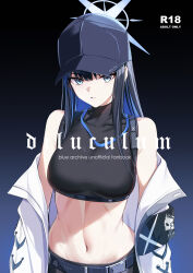 Rule 34 | 1girl, absurdres, bare shoulders, baseball cap, bee doushi, black background, black shirt, blue archive, blue background, blue eyes, blue hair, blue hat, coat, commentary request, crop top, gradient background, halo, hat, highres, long hair, looking at viewer, midriff, navel, off shoulder, open clothes, open coat, parted lips, saori (blue archive), shirt, sleeveless, sleeveless shirt, solo, stomach, upper body, white coat