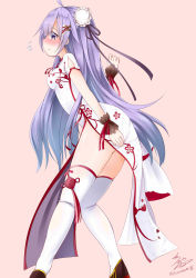 Rule 34 | 1girl, absurdres, ahoge, ass, azur lane, black eyes, blush, china dress, chinese clothes, commentary, commentary request, dress, from behind, full body, hair ribbon, highres, long hair, looking at viewer, namikawa kuroha, no panties, pelvic curtain, pink background, purple hair, ribbon, signature, simple background, solo, thighhighs, twitter username, unicorn (azur lane), unicorn (the gift of spring) (azur lane), very long hair, white dress, white thighhighs