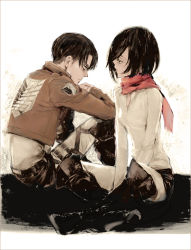 Rule 34 | 1boy, 1girl, anatidae, black hair, boots, coat, collared shirt, elbows on knees, indian style, knees up, crossed legs, levi (shingeki no kyojin), looking at another, mikasa ackerman, own hands clasped, own hands together, pants, scarf, shingeki no kyojin, shirt, short hair, sitting, sketch, thigh strap, unbuttoned