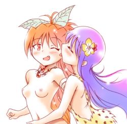 Rule 34 | akemi homura, antenna hair, bare shoulders, bomaan, breasts, closed eyes, fang, flower, hair flower, hair ornament, jewelry, leaf hair ornament, leopard pelt, licking, licking another&#039;s cheek, licking another&#039;s face, long hair, mahou shoujo madoka magica, mahou shoujo madoka magica (anime), necklace, open mouth, ponytail, purple hair, red eyes, red hair, sakura kyoko, small breasts, topless, upper body, white background, yellow flower, yuri