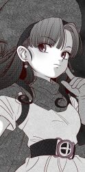 Rule 34 | 1girl, absurdres, alena (dq4), belt, cape, dragon quest, dragon quest iv, earrings, expressionless, gloves, greyscale, hat, highres, jewelry, long hair, looking to the side, monochrome, okita (sukult 4), solo