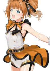 Rule 34 | 1girl, :d, aqua eyes, belt, breasts, buckle, cleavage, cleavage cutout, clothing cutout, cowboy shot, happy, highres, idol, idolmaster, idolmaster (classic), idolmaster stella stage, open mouth, orange hair, outstretched arms, shorts, simple background, smile, solo, takatsuki yayoi, top! clover, tsurui, twintails