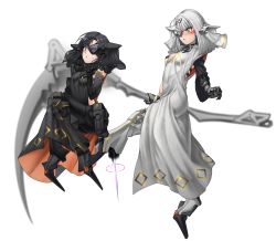 Rule 34 | 2girls, angry, black hair, black pants, black robe, blunt bangs, blush, breasts, brown eyes, closed mouth, commentary request, eyepatch, facial mark, gauntlets, girls&#039; frontline, hair ornament, headgear, headpiece, highres, holding, holding scythe, holding weapon, kicking, long hair, multiple girls, nyto (girls&#039; frontline), adeline (girls&#039; frontline), alina (girls&#039; frontline), pants, robe, scythe, sd bigpie, silver hair, simple background, small breasts, surprised, weapon, whisker markings, white background, white robe
