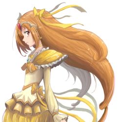 Rule 34 | 10s, 1girl, bow, brooch, brown hair, bubble skirt, choker, circlet, cowboy shot, cure muse, cure muse (yellow), earrings, frills, hair bow, heart, heart earrings, jewelry, long hair, looking at viewer, magical girl, orange bow, precure, profile, red eyes, shirabe ako, skirt, smile, solo, suite precure, uraki, white background, yellow bow, yellow skirt