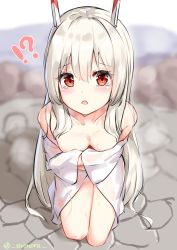Rule 34 | !?, 1girl, alternate costume, ayanami (azur lane), azur lane, bare shoulders, blurry, blush, breasts, cleavage, collarbone, commentary request, covering privates, covering breasts, crying, crying with eyes open, depth of field, embarrassed, from above, hair down, headgear, highres, kneeling, long hair, looking at viewer, looking up, naked towel, onsen, open mouth, orange eyes, retrofit (azur lane), silver hair, sironora, solo, tears, thighs, towel, twitter username, wet, wet towel