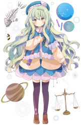 Rule 34 | 1girl, absurdres, balance scale, beret, black thighhighs, blue hat, blue jacket, blue skirt, blush, braid, broken, brown footwear, closed mouth, collared shirt, commentary, dress shirt, fish skeleton, full body, green eyes, green hair, hair between eyes, hat, highres, hourglass, jacket, loafers, long hair, long sleeves, looking at viewer, original, planet, planetary ring, pocket watch, puffy long sleeves, puffy sleeves, shirt, shoes, skirt, sleeves past wrists, solo, spyglass, standing, symbol-only commentary, thighhighs, tsukiyo (skymint), very long hair, watch, weighing scale, white background, white shirt