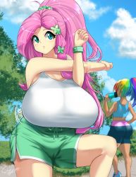 Rule 34 | 1girl, 2girls, amano cigusa, armband, ass, bike shorts, bottle, breasts, cameltoe, cloud, cloudy sky, day, drinking, exercising, fluttershy, green eyes, highres, holding, holding bottle, huge breasts, long hair, multicolored hair, multiple girls, my little pony, my little pony: friendship is magic, outdoors, parted lips, personification, pink hair, rainbow dash, rainbow hair, shorts, skin tight, sky, solo focus, stretching, tank top, water bottle