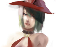 Rule 34 | 1girl, arc system works, blush, closed mouth, expressionless, green eyes, guilty gear, hat, i-no, lips, looking at viewer, red hat, short hair, solo, takakey, upper body, white background
