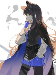 Rule 34 | 1girl, arknights, black cape, black hair, black pantyhose, black vest, blue cape, blue gloves, blue necktie, blue shorts, cape, cigarette, cowboy shot, gloves, hand in pocket, haobuguniao, highres, long sleeves, necktie, pantyhose, pouch, shirt, shorts, simple background, smoke, smoking, solo, texas (arknights), texas the omertosa (arknights), thigh strap, two-sided cape, two-sided fabric, vest, white background, white shirt, yellow eyes