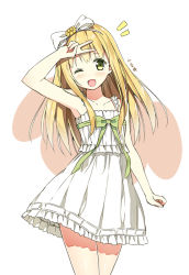 Rule 34 | 10s, 1girl, :d, ;d, arm up, azuki azusa, bare shoulders, blonde hair, blush, bow, dress, green eyes, hair bow, hentai ouji to warawanai neko., long hair, looking at viewer, one eye closed, open mouth, simple background, sky-freedom, smile, solo, sundress, v, wink