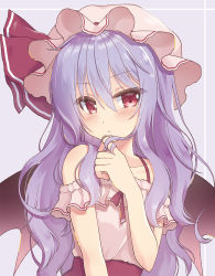 Rule 34 | 1girl, adapted costume, alternate hair length, alternate hairstyle, bare shoulders, bat wings, beni kurage, blue hair, blush, bra strap, commentary request, dress, hair between eyes, hand on own chin, hat, hat ribbon, highres, long hair, looking at viewer, mob cap, off-shoulder dress, off shoulder, pink dress, pink hat, purple background, red eyes, red ribbon, red sash, remilia scarlet, ribbon, sash, short sleeves, simple background, solo, touhou, upper body, wings