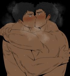 Rule 34 | 2boys, bara, black hair, blush, breath, completely nude, dark-skinned male, dark skin, eye contact, french kiss, from side, hashikure taro, highres, kiss, looking at another, male focus, multiple boys, muscular, muscular male, nude, original, paid reward available, short hair, sideburns, sweat, tongue, upper body, yaoi
