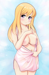 Rule 34 | absurdres, areola slip, bare arms, blonde hair, blush, breasts, breasts out, closed mouth, clothes pull, cloudxmoe, collarbone, cowboy shot, dress, dress pull, expressionless, hair between eyes, hand on own chest, hand up, highres, inverted nipples, large breasts, light blush, long hair, navel, no bra, original, panties, pink dress, pink eyes, pulling own clothes, see-through, see-through dress, standing, swept bangs, underwear