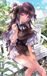 Rule 34 | 1girl, bad id, bad pixiv id, bare shoulders, belt, beret, black belt, black hair, breasts, chair, closed mouth, clothing cutout, cloud, commentary request, day, feet out of frame, flower, frilled skirt, frills, hair ornament, hair ribbon, hand on own thigh, hat, ichiyou moka, large breasts, leaf, long hair, looking at viewer, medium breasts, original, outdoors, playing with own hair, purple eyes, ribbon, shirt, shoulder cutout, sitting, skirt, smile, solo, takanashi iori (ichiyou moka), tree, white flower, white ribbon