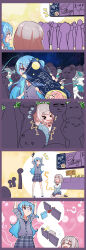 Rule 34 | &gt; &lt;, 2girls, ?, absurdres, afterimage, alternate costume, anemachi, arms up, blank eyes, blazer, blue eyes, blue hair, blue necktie, blush stickers, bow, bowtie, braid, buttons, closed eyes, closed mouth, collared shirt, comic, crowd, crying, dezhsieh, dot nose, flat chest joke, flying sweatdrops, food, fox tail, french braid, frown, grey hair, grey jacket, grey skirt, hexagram, highres, holding, holding food, hololive, hoshimachi suisei, inconvenient breasts, jacket, long hair, long sleeves, medium hair, multiple girls, necktie, notice lines, off shoulder, open mouth, people, plaid, plaid skirt, red bow, red bowtie, shirogane noel, shirt, shoes, sidelocks, silent comic, sitting, skirt, sleeves rolled up, smile, socks, standing, star (symbol), star in eye, symbol in eye, tail, translated, uwabaki, virtual youtuber, wariza, white shirt, white socks