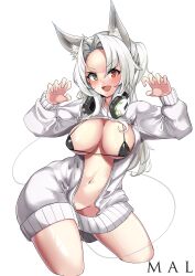 Rule 34 | 1girl, :d, absurdres, animal ear fluff, animal ears, artist name, bikini, bikini top only, bottomless, breasts, cleavage, commentary, cropped legs, english commentary, fang, green eyes, groin, headphones, headphones around neck, heterochromia, highres, large breasts, long hair, long sleeves, looking at viewer, mal (user yvfe5887), navel, open clothes, open mouth, original, red eyes, shirt, simple background, smile, solo, swimsuit, v-shaped eyebrows, white background, white shirt