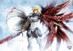 Rule 34 | 1girl, armor, blonde hair, blood, bloody weapon, boots, breasts, cape, clare (claymore), claymore (series), claymore (sword), covered navel, curvy, fantasy, frown, glowing, glowing eye, hip armor, holding, holding sword, holding weapon, large breasts, medium hair, serious, shoulder armor, signature, solo, sword, the golden smurf, thick thighs, thighs, transformation, weapon, white cape, yellow eyes