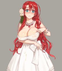 Rule 34 | 1girl, bare shoulders, blue eyes, blush, boudica (fate), boudica (formal dress) (fate), breasts, cleavage, cum, cum on body, cum on breasts, cum on dress, cum on upper body, dress, fate/grand order, fate (series), female focus, flower, hair flower, hair ornament, jewelry, large breasts, long hair, looking at viewer, necklace, red hair, see-through, shoe-ji, solo, strapless, strapless dress, wedding dress, wet, wet clothes, white dress