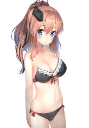 Rule 34 | 10s, 1girl, :&lt;, bikini, black bikini, blue eyes, blush, breasts, brown hair, cleavage, cowboy shot, gin00, highres, kantai collection, long hair, looking at viewer, navel, saratoga (kancolle), simple background, solo, swimsuit, white background