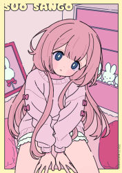 Rule 34 | 1girl, :o, between legs, blue eyes, blush stickers, character name, chest of drawers, commentary request, dated, hand between legs, head tilt, highres, long hair, long sleeves, looking at viewer, neki (wakiko), nijisanji, parted lips, pink hair, pink sweater, puffy long sleeves, puffy sleeves, shorts, solo, stuffed animal, stuffed rabbit, stuffed toy, suo sango, sweater, twitter username, very long hair, virtual youtuber, white shorts