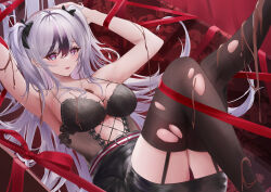 Rule 34 | 1girl, :d, absurdres, arms behind head, arms up, azur lane, bare shoulders, belt, belted skirt, black bow, black bra, black hair, black skirt, black thighhighs, blush, bow, bra, breasts, chocolate, chocolate on body, chocolate on breasts, chocolate on legs, cleavage, commentary request, corset, earrings, elbe (azur lane), elbe (pure-hearted bad girl) (azur lane), floral print, food on body, garter straps, hair bow, highres, jewelry, kirisamede gzr, knees together feet apart, knees up, lace, lace-trimmed bra, lace trim, large breasts, leg up, long hair, lying, midriff, miniskirt, multicolored hair, no shirt, o-ring, o-ring belt, on back, open mouth, outstretched leg, panties, pink eyes, red panties, skirt, smile, solo, streaked hair, thighhighs, torn clothes, two-tone hair, underwear, upskirt, valentine, very long hair, white hair