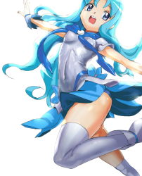 Rule 34 | 10s, 1girl, blue eyes, blue hair, blue skirt, blue theme, breasts, brooch, covered erect nipples, cure marine, heart, heart brooch, heartcatch precure!, jewelry, kurumi erika, leg up, long hair, magical girl, makacoon, matching hair/eyes, open mouth, outstretched arms, precure, simple background, skirt, small breasts, solo, thighhighs, white thighhighs, wrist cuffs