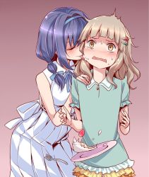 Rule 34 | 2girls, bare shoulders, blonde hair, blue hair, blue neckwear, blush, braid, breasts, cake, casual, closed eyes, collared shirt, commentary request, cowboy shot, dress, falling, female focus, flat chest, food, fork, frilled skirt, frilled sleeves, frills, fruit, furutani himawari, gradient background, green shirt, hair intakes, hair ornament, hairband, hairclip, hand on shoulder, licking, licking another&#039;s cheek, licking another&#039;s face, long hair, medium breasts, mendou saya, multiple girls, nose blush, oomuro sakurako, open mouth, orange skirt, outstretched arms, plate, shirt, short sleeves, simple background, skirt, sleeveless, standing, strawberry, surprised, sweat, tongue, twin braids, wavy mouth, white dress, wide-eyed, yellow eyes, yuri, yuru yuri
