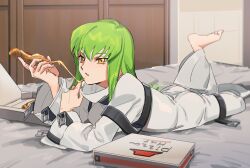 Rule 34 | 1girl, barefoot, c.c., cheese trail, code geass, commentary request, dated commentary, food, full body, grey hair, holding, holding food, holding pizza, indoors, long hair, looking at viewer, lying, mayuakakun, on bed, on stomach, open mouth, pizza, pizza box, pizza hut, pizza slice, sketch, solo, straitjacket, the pose, yellow eyes