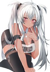 Rule 34 | 1girl, absurdres, alabama (azur lane), azur lane, bikini, bikini under clothes, black thighhighs, body markings, bodypaint, breasts, character name, dark-skinned female, dark skin, detached collar, facial mark, highres, kneeling, large breasts, long hair, looking at viewer, native american, purple eyes, simple background, solo, strapless, suimo (suimodayo), swimsuit, thighhighs, tube top, twintails, very long hair, whisker markings, white background, white hair, white tube top