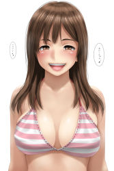 Rule 34 | 1girl, bikini, blush, breasts, brown eyes, brown hair, cleavage, collarbone, covered erect nipples, kago (lelien7), long hair, looking at viewer, open mouth, original, pink bikini, simple background, smile, solo, striped bikini, striped clothes, swimsuit, translated, upper body, white background