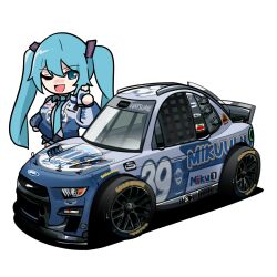 1girl absurdres black_skirt blue_jacket blue_necktie blush can car chibi collared_shirt commentary cosplay english_commentary ford ford_mustang ford_mustang_s550 goodyear grey_shirt hatsune_miku highres holding holding_can holeecrab jacket kevin_harvick kevin_harvick_(cosplay) logo_parody long_hair looking_at_viewer motor_vehicle nascar necktie one_eye_closed race_vehicle racecar shadow shirt skirt smile solo sponsor twintails vehicle_focus very_long_hair vocaloid