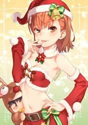 Rule 34 | 1boy, 1girl, :p, animal costume, armpits, bare shoulders, bell, belt, belt buckle, blush, bow, breasts, brown hair, buckle, character request, christmas, cleavage, collarbone, cowboy shot, detached sleeves, flower, fur-trimmed headwear, fur-trimmed sleeves, fur collar, fur trim, gradient background, hand on own hip, hat, long sleeves, looking at viewer, mini person, miniboy, misaka mikoto, navel, orange eyes, peeking, pom pom (clothes), raika9, red flower, reindeer costume, santa costume, santa hat, short hair, small breasts, smug, star (symbol), stomach, strapless, striped, striped bow, toaru kagaku no railgun, toaru majutsu no index, tongue, tongue out, twitter username