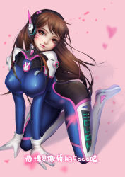 Rule 34 | 1girl, absurdres, bodysuit, breasts, brown eyes, brown hair, d.va (overwatch), destincelly, facial mark, highres, large breasts, lips, long hair, looking at viewer, overwatch, overwatch 1, solo, thighs, whisker markings