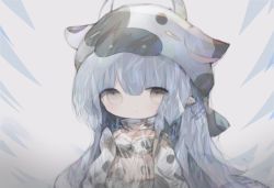 Rule 34 | 1girl, animal ears, animal print, bikini, blue hair, breasts, brown eyes, catura (granblue fantasy), chibi, cleavage, commentary request, cottontailtokki, cow ears, cow hat, cow horns, cow print, fake animal ears, fake horns, granblue fantasy, hair between eyes, horns, long hair, long sleeves, looking at viewer, medium breasts, print bikini, see-through, solo, swimsuit, very long hair