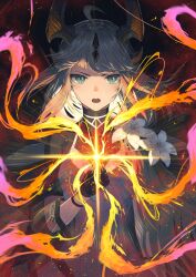 Rule 34 | 1girl, ahoge, arknights, black background, black dress, black gloves, blonde hair, dragon girl, dragon horns, dress, fire, gloves, green eyes, highres, horns, long hair, long sleeves, looking at viewer, official alternate costume, pi (p77777778), reed (arknights), reed the flame shadow (arknights), solo, upper body