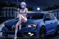 Rule 34 | 1girl, absurdres, alternate costume, azur lane, car, full body, full moon, gascogne (azur lane), gloves, high heels, highres, kcar66t, license plate, location request, looking at viewer, moon, motor vehicle, night, product placement, race queen, renault, renault megane, sports car, thighhighs