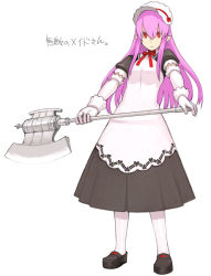 Rule 34 | 1girl, axe, bonnet, dress, elbow gloves, gloves, long hair, pantyhose, pomnit, purple hair, red eyes, simple background, solo, summon night, summon night 4, weapon, yu 65026