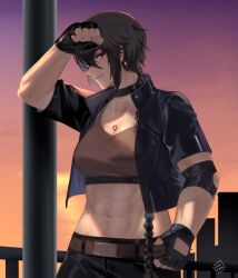 Rule 34 | 1girl, abs, braid, braided ponytail, brown hair, choker, fingerless gloves, gloves, highres, hunyan, jewelry, midriff, muscular, muscular female, necklace, original, outdoors, ring, ring necklace, solo, sunset, xiao (hunyan)
