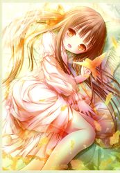 Rule 34 | 1girl, :d, absurdres, bird, bird on hand, brown eyes, dress, feathers, from above, hair ribbon, highres, long hair, lying, on side, open mouth, orange eyes, orange ribbon, original, ribbon, see-through, smile, solo, tinker bell (pixiv 10956015), very long hair, white dress, yellow feathers