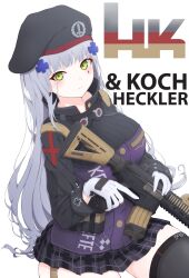 Rule 34 | 1girl, absurdres, assault rifle, beret, black hat, black thighhighs, blunt bangs, breasts, facial mark, german flag, girls&#039; frontline, gloves, green eyes, grey hair, grey skirt, gun, h&amp;k g11, h&amp;k hk416, hat, heckler &amp; koch, highres, hk416 (girls&#039; frontline), jacket, large breasts, long hair, long sleeves, looking at viewer, miniskirt, plaid, plaid skirt, rifle, skirt, solo, teardrop, teardrop facial mark, teardrop tattoo, thighhighs, uchikata takeaki, very long hair, weapon, white gloves