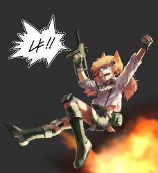Rule 34 | 1girl, absurdres, animal ears, arms up, black shorts, blonde hair, blue eyes, blue panties, boots, cat ears, cat tail, clenched hand, commentary, diagonal-striped clothes, diagonal-striped necktie, dog tags, explosion, finger on trigger, fingerless gloves, full body, girls&#039; frontline, gloves, green footwear, green gloves, green necktie, grey background, gun, hair ornament, headset, highres, holding, holding gun, holding weapon, idw (girls&#039; frontline), jdw, knee pads, korean text, long hair, necktie, open mouth, panties, parker-hale idw, shirt, shorts, simple background, sleeves rolled up, smile, solo, striped clothes, suspender shorts, suspenders, tail, teeth, translation request, twintails, underwear, v-shaped eyebrows, weapon, white shirt