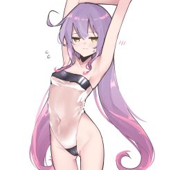 Rule 34 | 1girl, armpits, arms up, blush, breasts, closed mouth, covered navel, cowboy shot, gris swimsuit, hair between eyes, highleg, highleg swimsuit, highres, long hair, looking at viewer, lyrinne, meme attire, one-piece swimsuit, original, purple hair, see-through, see-through one-piece swimsuit, simple background, small breasts, sweatdrop, swimsuit, very long hair, white background, yellow eyes