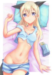 Rule 34 | 1girl, absurdres, animal ears, bed, blue eyes, blush, breasts, closed mouth, eila ilmatar juutilainen, fox ears, groin, highres, kanimiso (juutilainen77), long hair, looking at viewer, lying, navel, on back, on bed, shorts, small breasts, solo, strike witches, striped clothes, striped shorts, white hair, world witches series